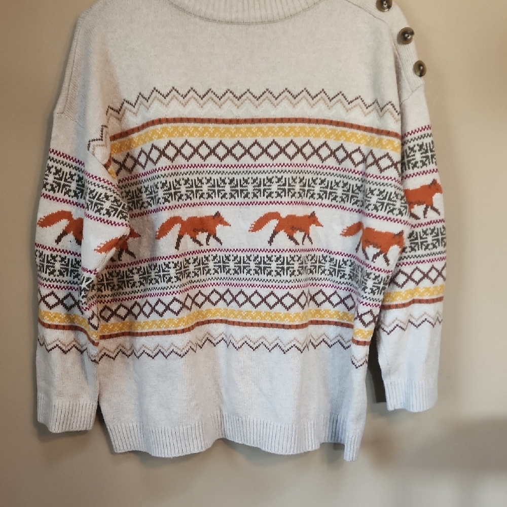 Talbots Cream Crewneck Sweater with Orange Fox Motif and Mustard Stripes